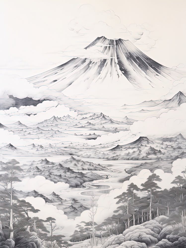 Mount Gassan In Yamagata, Ukiyo E Black And White Line Art Drawing 2