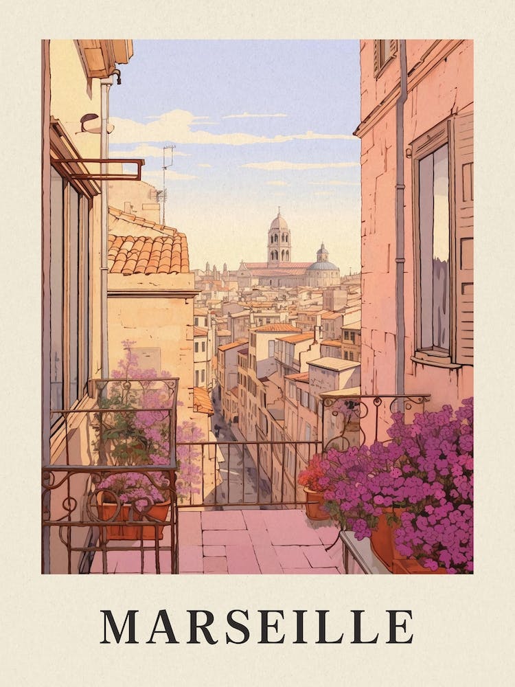 Marseille France 4 Vintage Pink Travel Illustration Poster