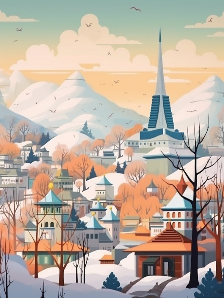 Vintage Winter Travel Illustration Seoul South Korea 2