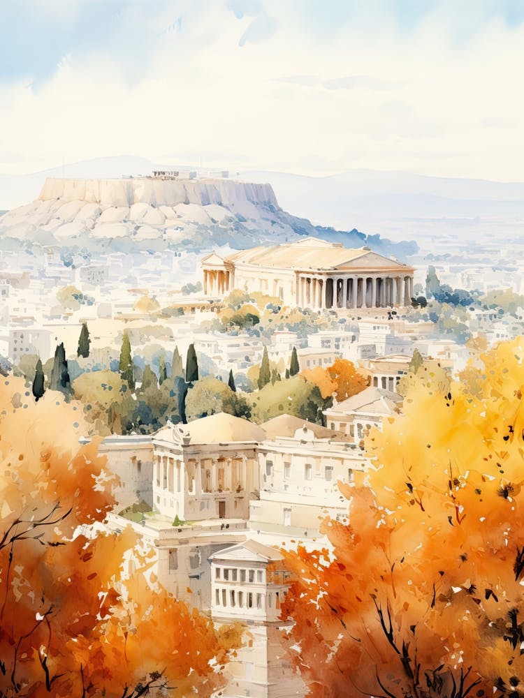 Athens Greece In Autumn Fall, Watercolour 2