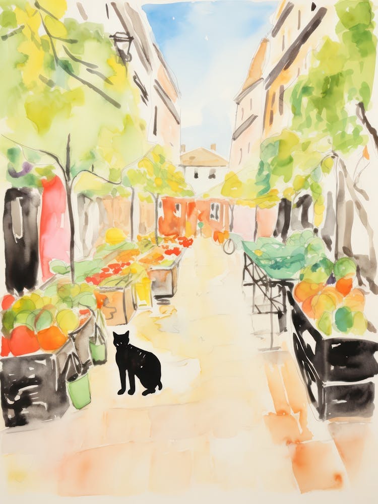 Lebensmittelmarkt mit Katzen in Cambridge 3 Aquarell