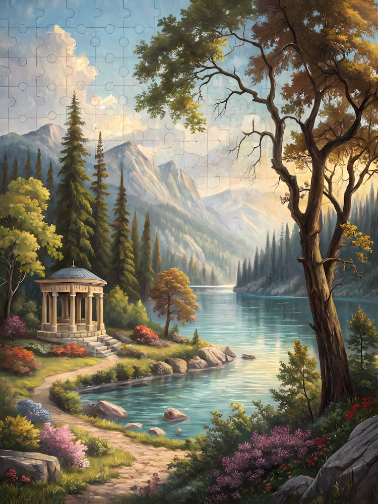 Oil Painting Style Lakeside Pavilion Mountain Landscape with Gazebo and Blooming Flowers