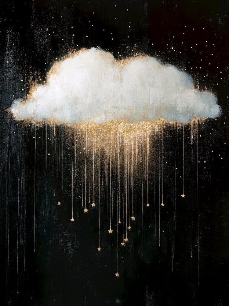 Golden rain from moody cloud painting in black and warm gold tones in a minimalist luxe aesthetic, surreal celestial art in the style of Gustav Klimt ideal for bedrooms, luxe livng rooms, entryways, modern interiors 1