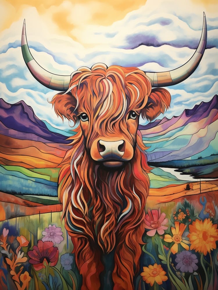 Colourful Patchwork Highland Cow Wavy Lines