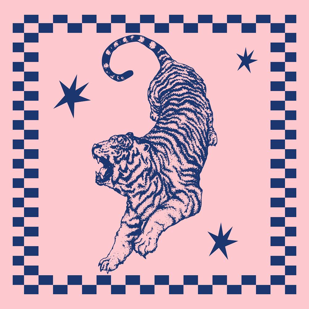 Tiger On Pink | Retro Tiger with Checkerboard Border 1