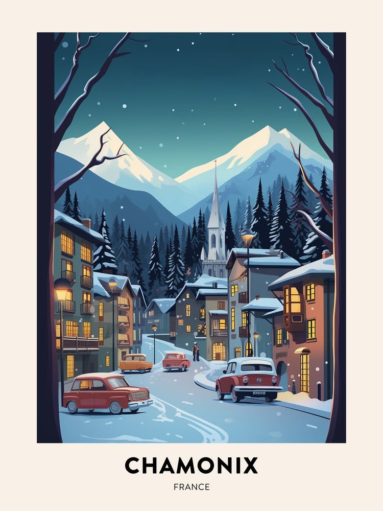 Winter Night  Travel Poster Chamonix France 1