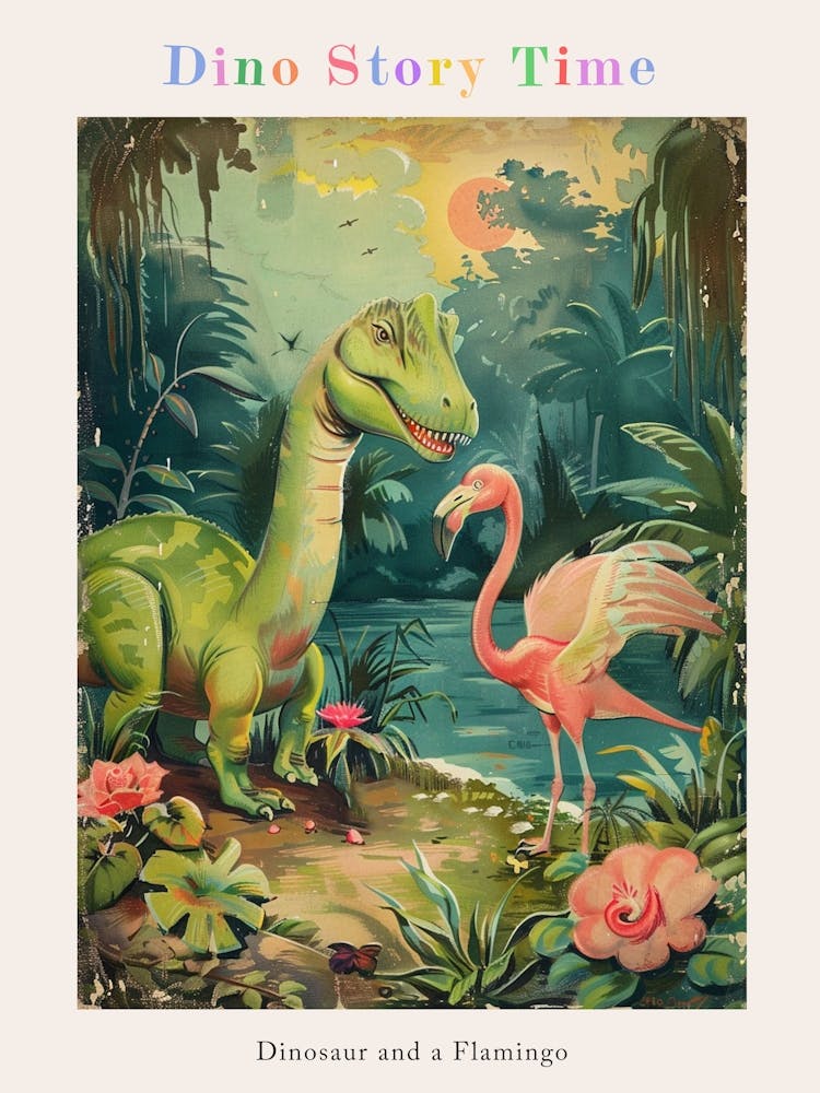 Dinosaur & Flamingo Vintage Storybook Painting Poster
