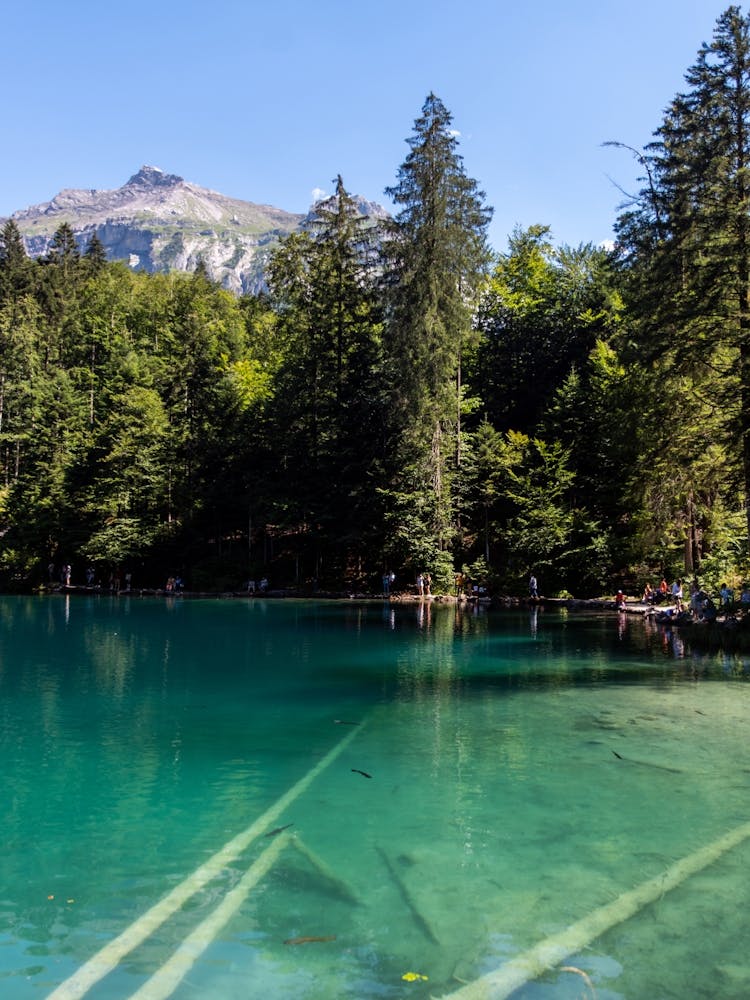 Bluest lake of Switzerland with mountains in the background