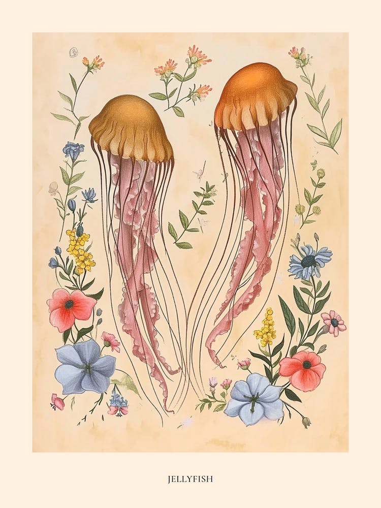 Folksy Floral Animal Drawing Jellyfish 4 Poster