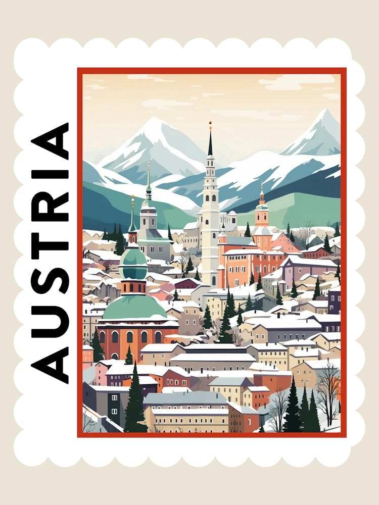 Retro Winter Stamp Poster Salzburg Austria 1