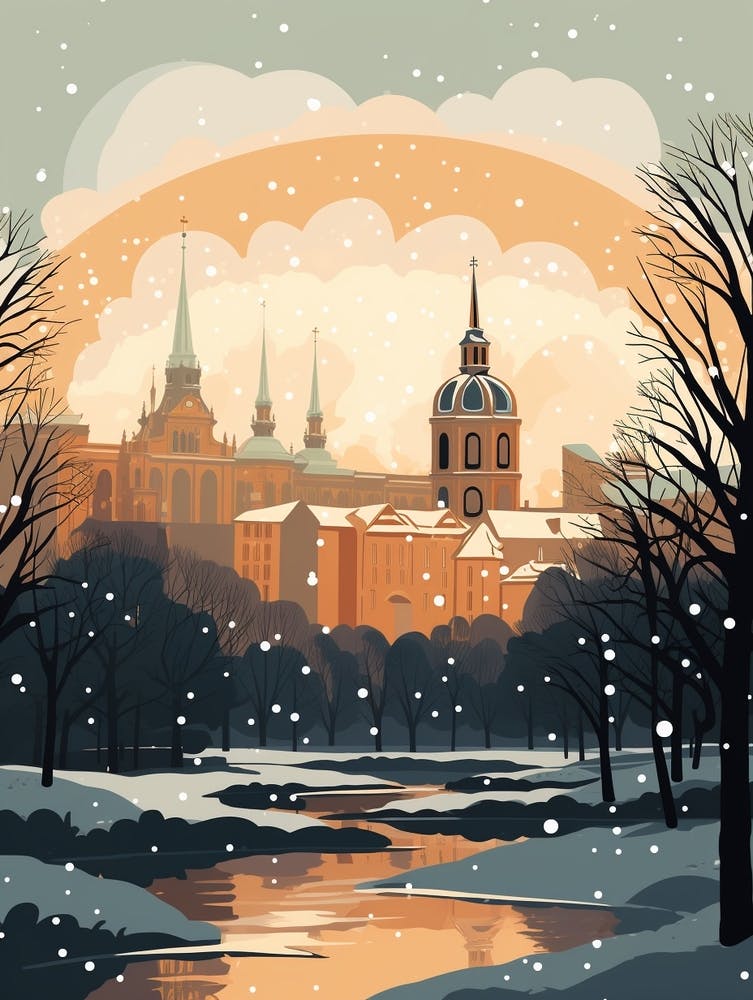 Winter Travel Night Illustration Munich Germany 1