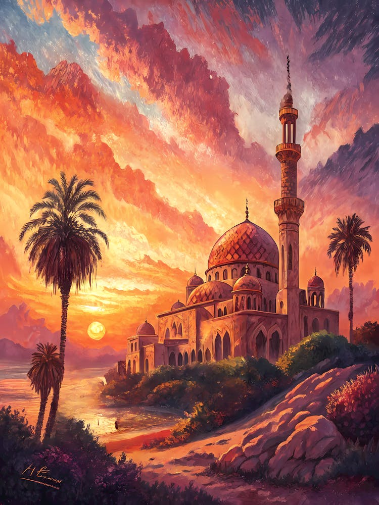 Middle Eastern Mosque at Sunset Oil Painting