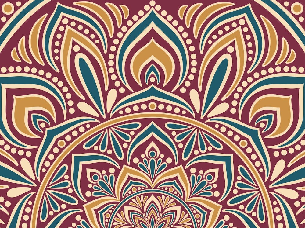 WA240024 - Intricate Gold and Teal Mandala on Maroon - Elegant Geometric Art