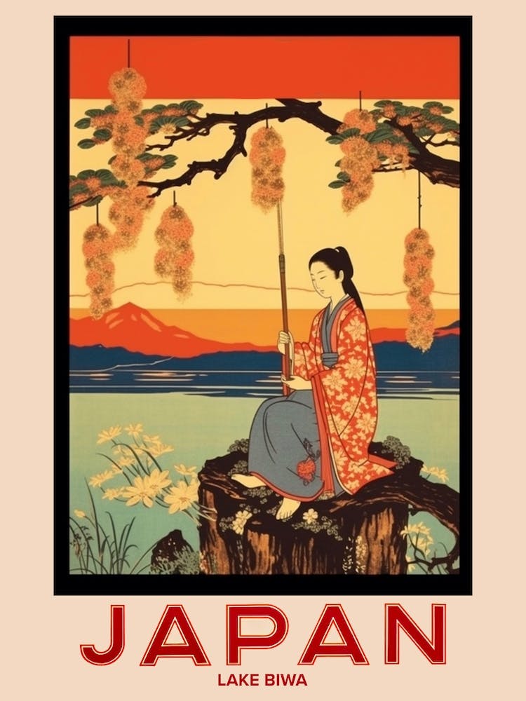 Lake Biwa, Visit Japan Vintage Travel Art 1