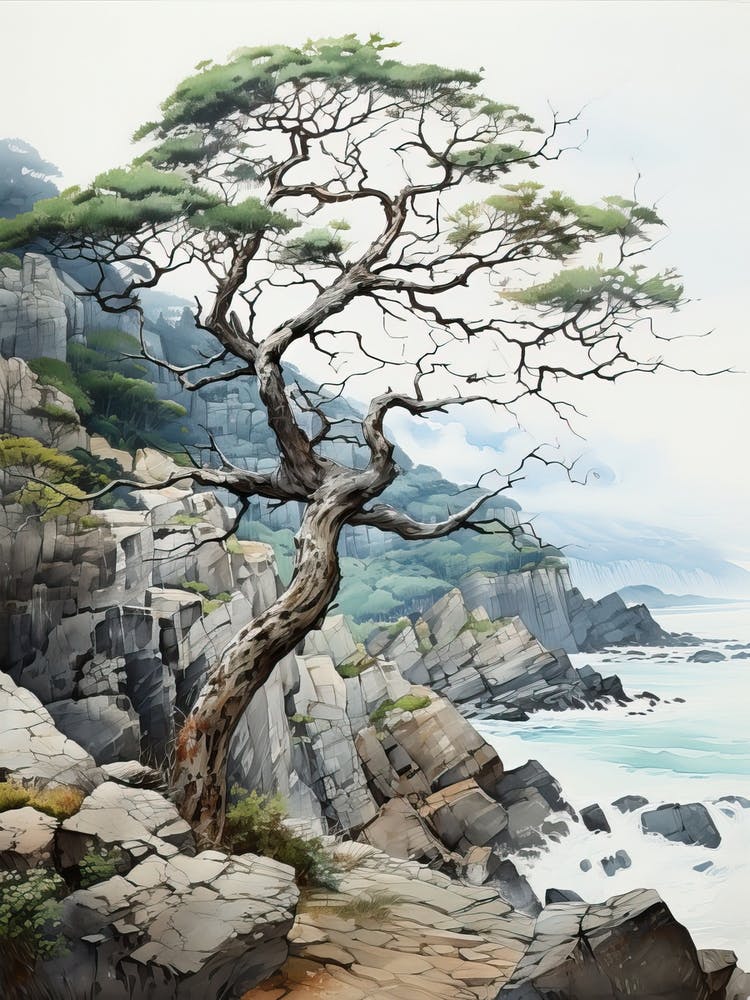 Tojinbo-Klippen in Fukui, Japanische Tuschmalerei, Ukiyo E, Minimalistisch 3