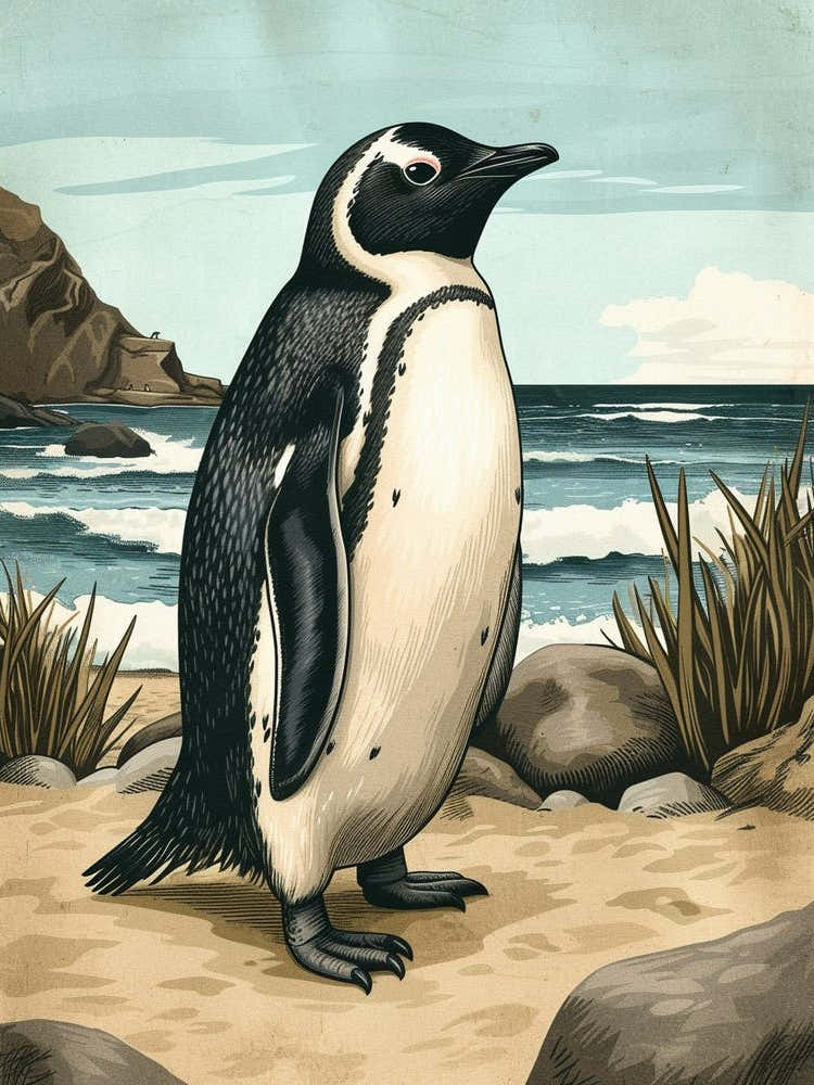 Manchot Adélie Boulders Beach Simons Town Peinture Botanique Vintage 3