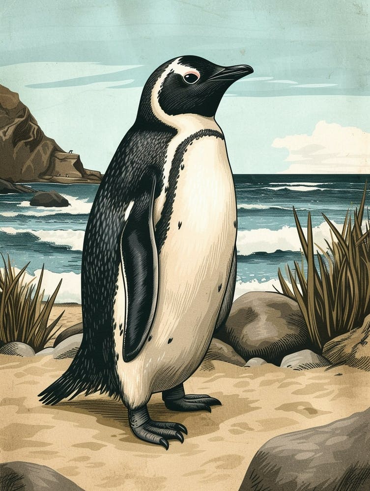 Adlie Penguin Boulders Beach Simons Town Vintage Botanical Painting 3