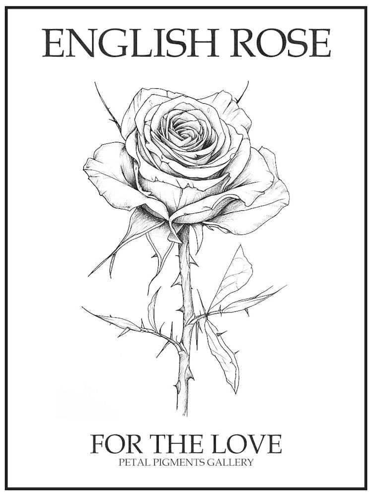 English Rose Black And White Line Drawing 33 Poster