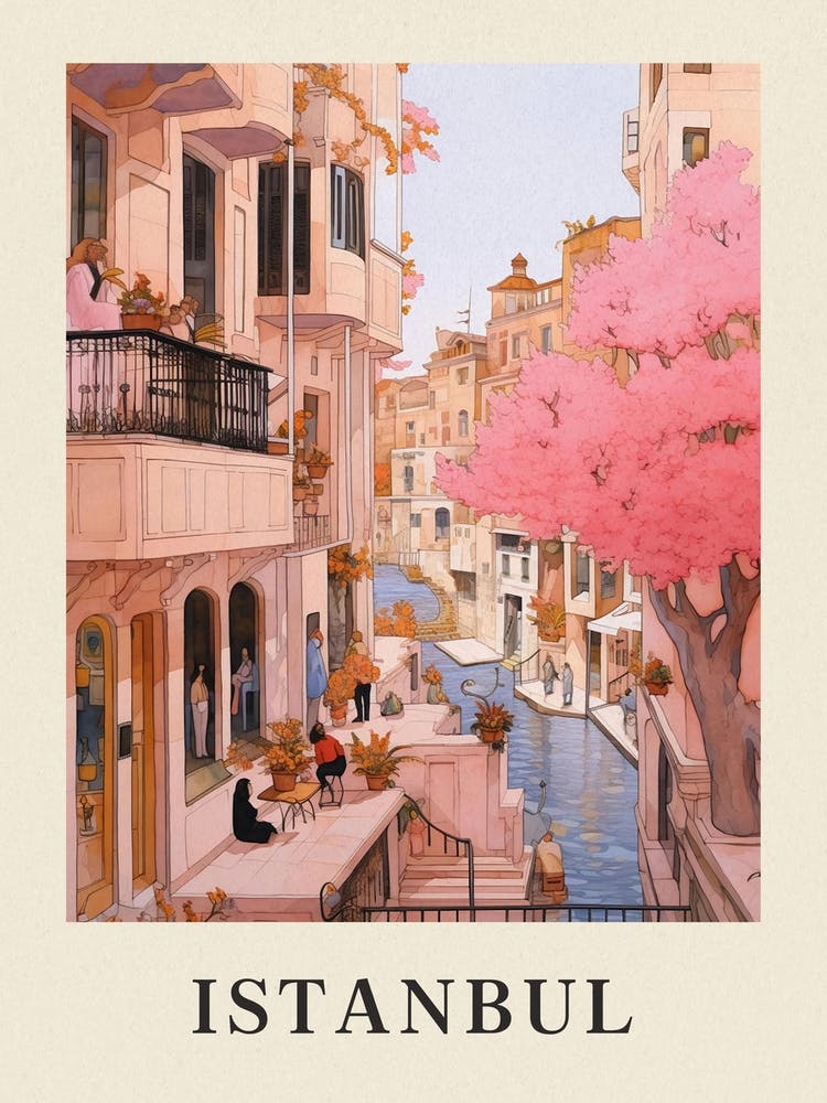 Istanbul Turkey 5 Vintage Pink Travel Illustration Poster