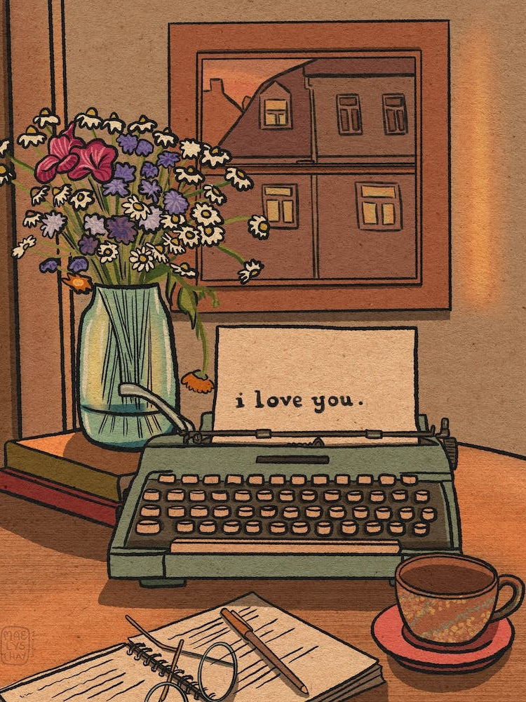 Typewriter Flowers Sunset