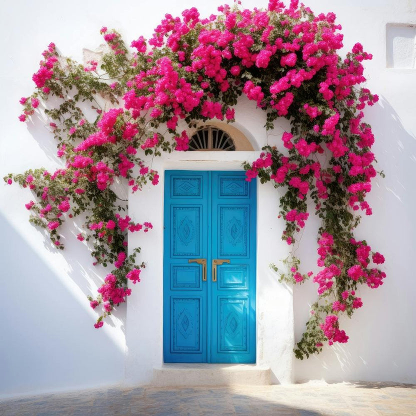 Blue Door With Pink Flowers