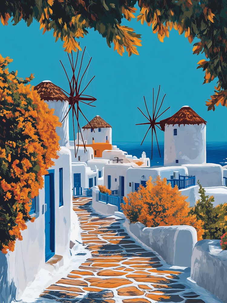 An illustration-style poster of Mykonos