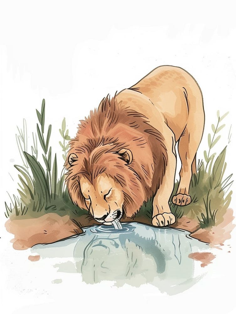 African Lion Drinking From A Watering Hole Clipart 4
