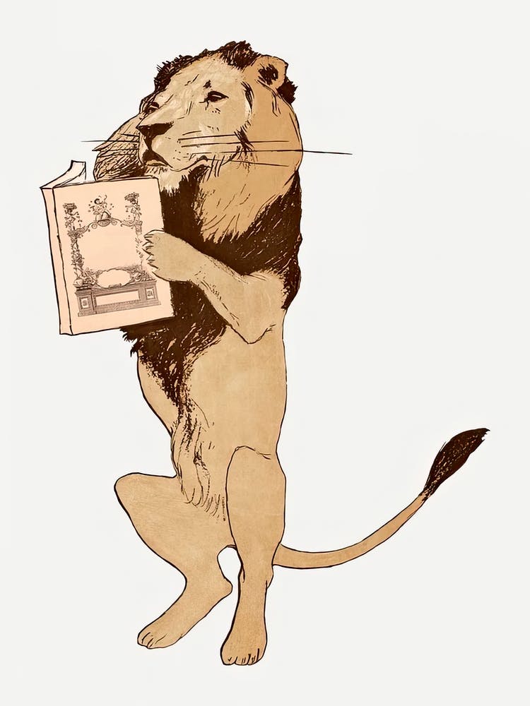 Lion Reading A Book Vintage Illustration, Edward Penfield