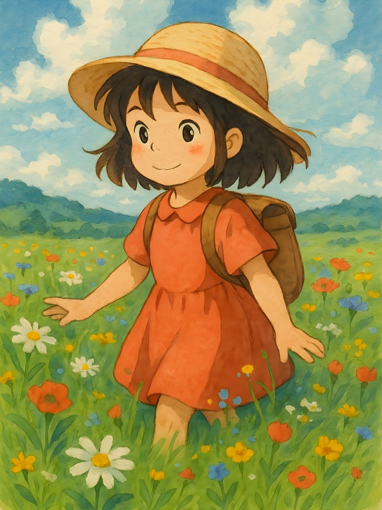 Ghibli Inspired Watercolor Print – Whimsical Girl In Meadow Art, Cottagecore Wall Decor, Studio Ghibli Aesthetic Poster