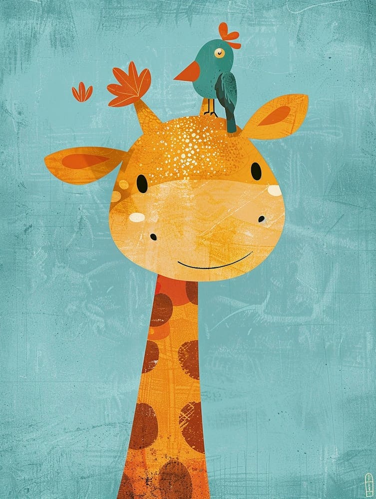 Kleine fröhliche Giraffe mit einem Vogel auf dem Kopf 19