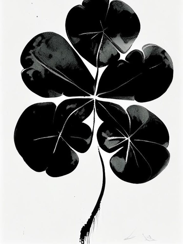 Trèfle à Quatre Feuilles 1 Symbole Peinture Noir et Blanc