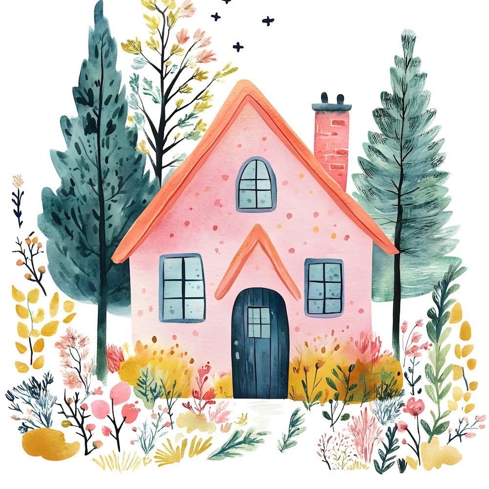 Nordic Cottage Watercolor – Cozy Minimalist House Illustration
