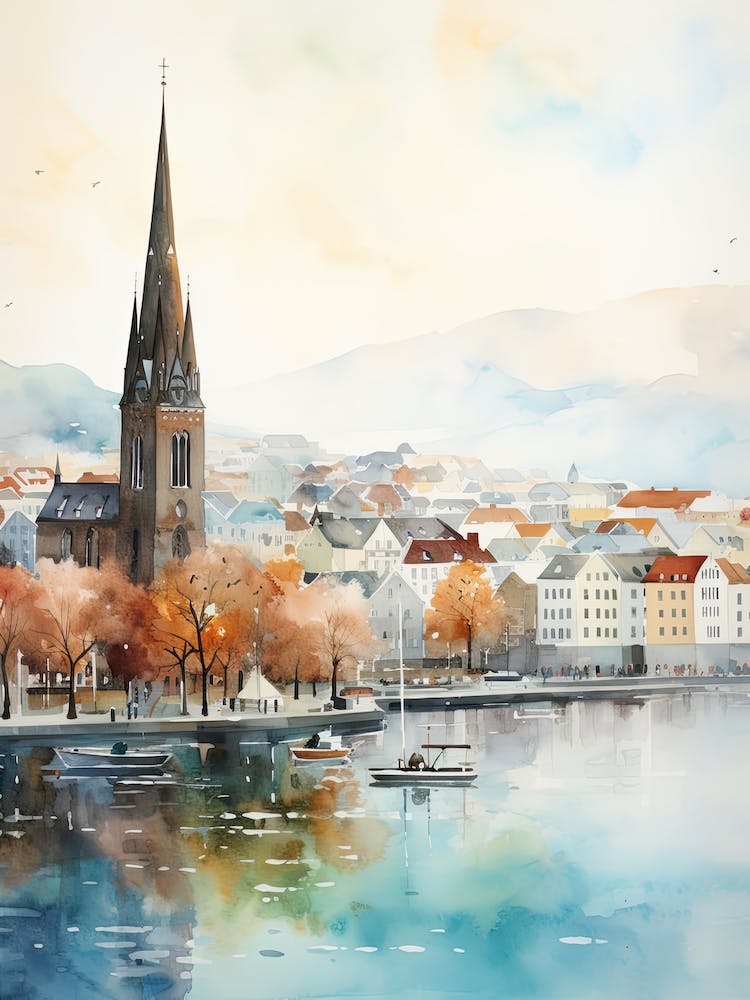 Reykjavik Iceland In Autumn Fall, Watercolour 2