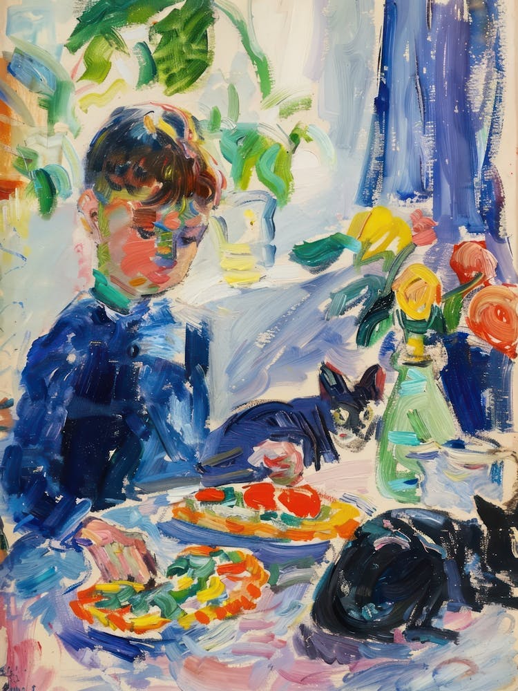 Portrait Of A Boy With Cats Having Pizza 3