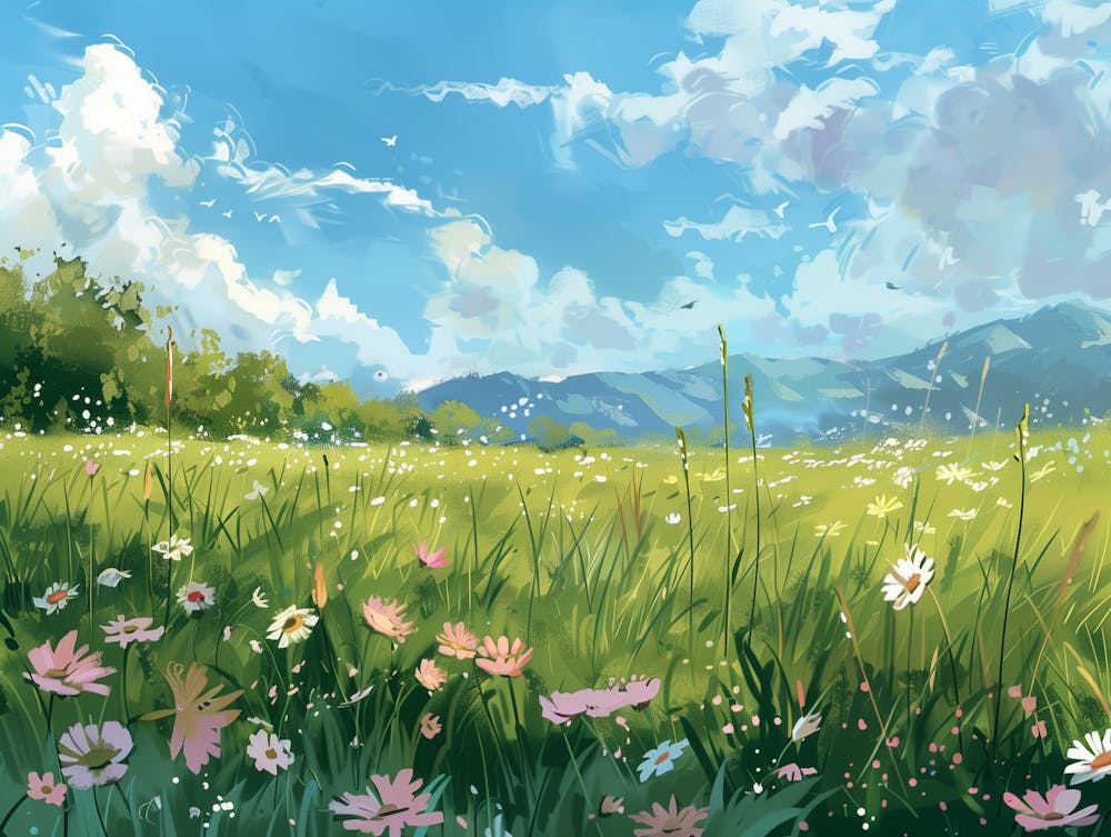 Grassy Landscape With Flowers