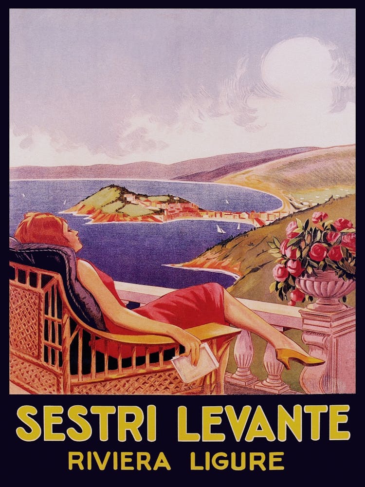 Sestri Levante Italy, Woman Reading, Vintage Travel Poster 1