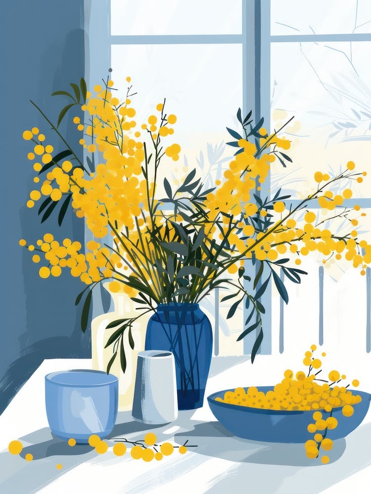 Mimosa Flowers On A Table   Contemporary Illustration 6