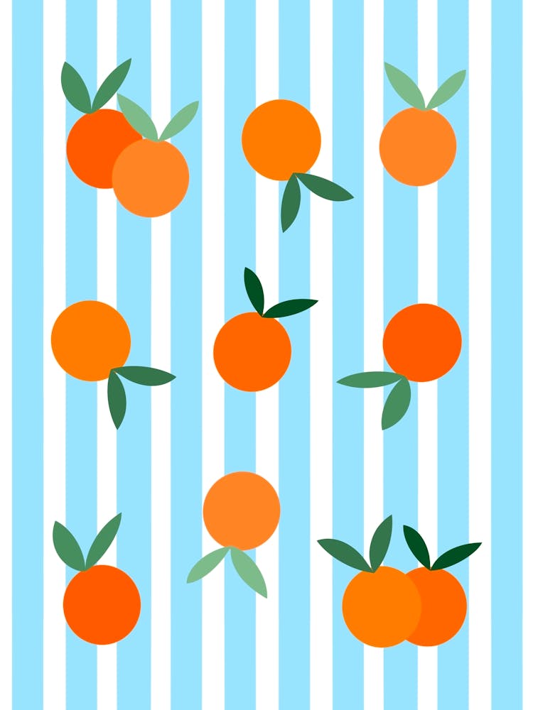 Oranges On A Blue Stripe Background