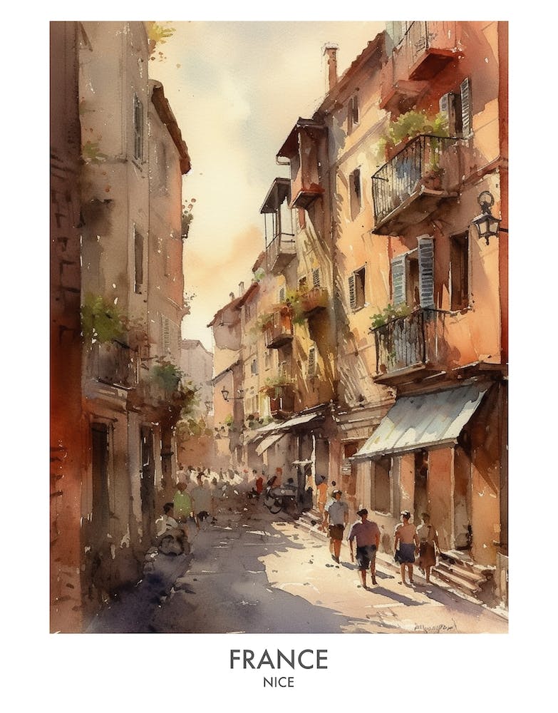 Nice, France 5 Watercolor Travel Poster