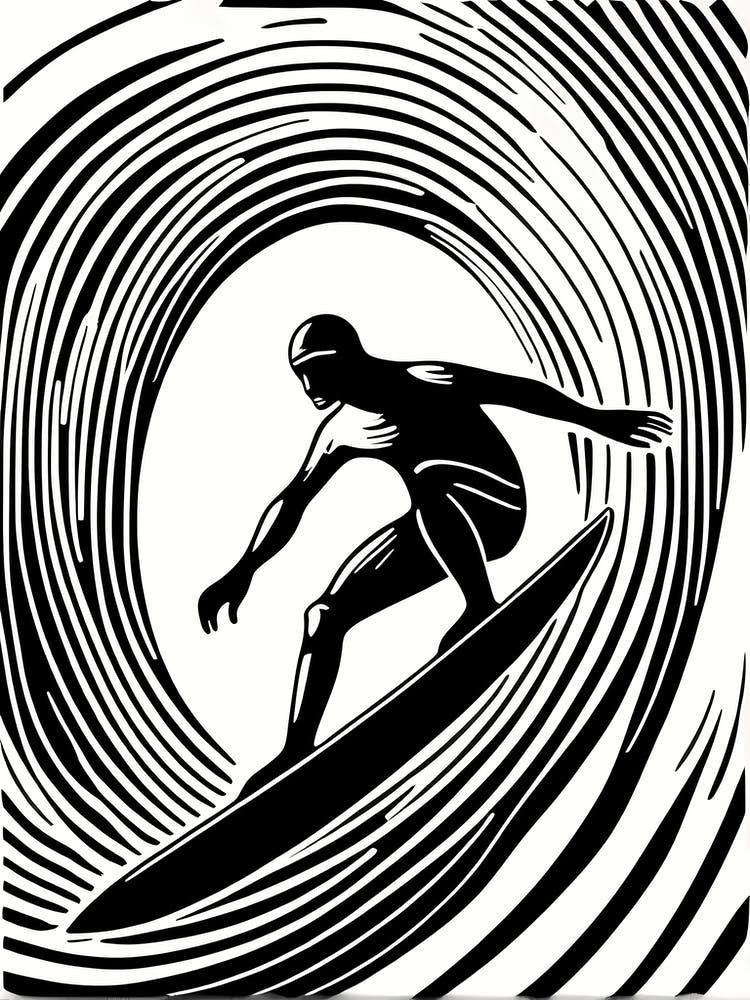 Linocut Black And White Surfer On A Wave art, surfing art, 228