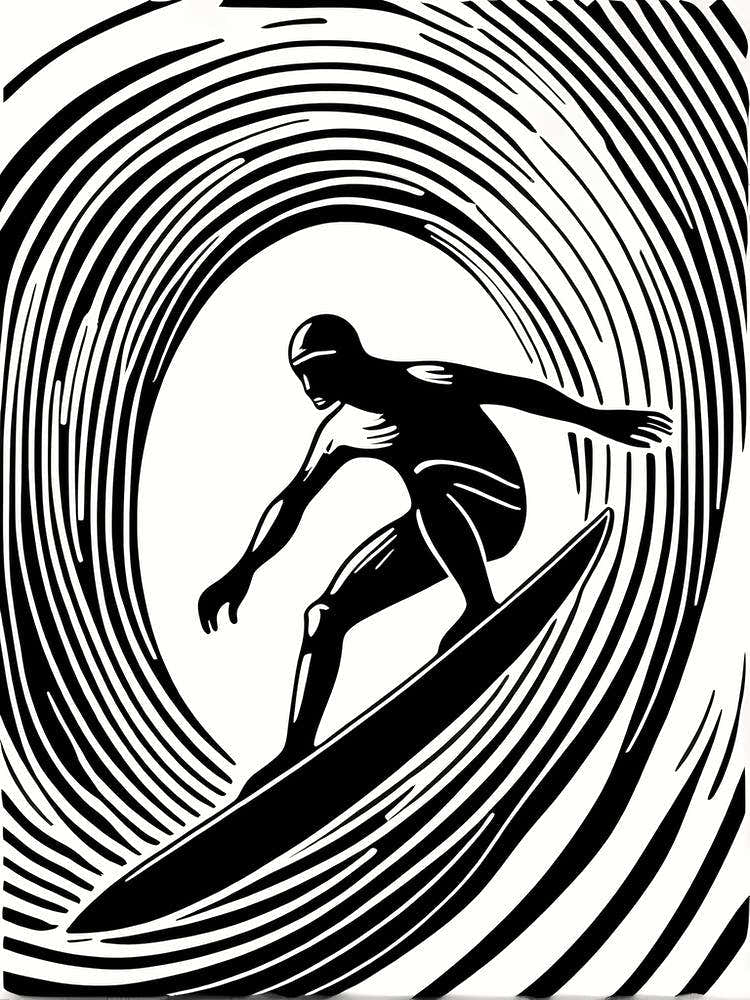 Art De La Linogravure Surfeur Noir Et Blanc Sur Une Vague, art du surf, 228