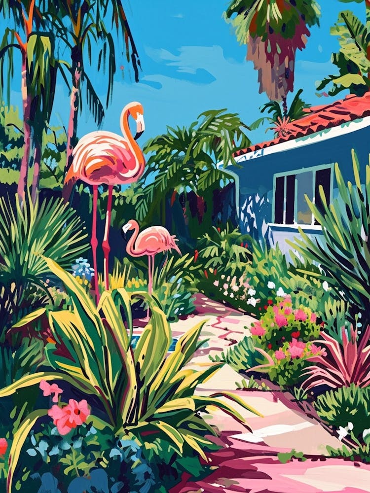 Retro Flamingoes In A Garden 4