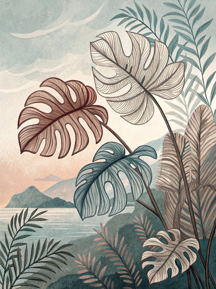 Oil Painting Style Line Drawn Tropical Leaves