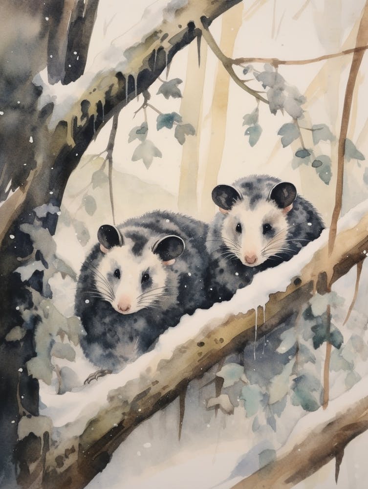 Winter Watercolour Opossum 3
