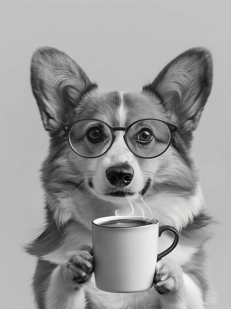 Corgi Holding Coffee Wall Art, Black And White Print, Coffee Lover Print, Dog Gift, Funny Dog Poster, Coffee Bar Art, Kitchen Wall Decor