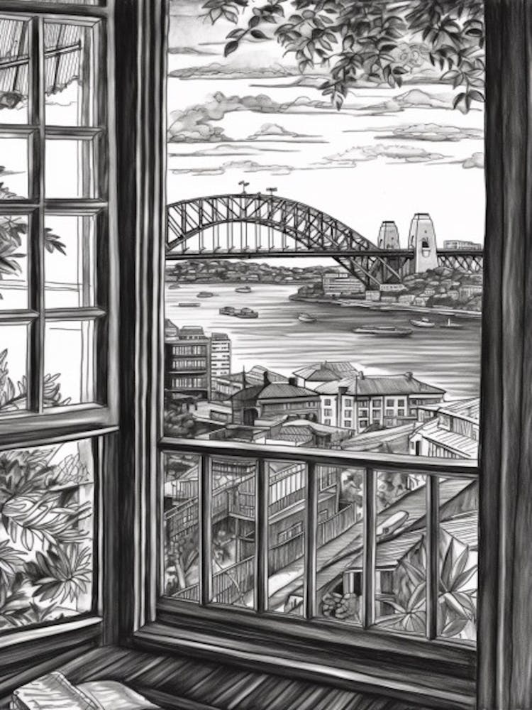 A Window View Of Sydney In The Style Of Black And White  Line Art 1