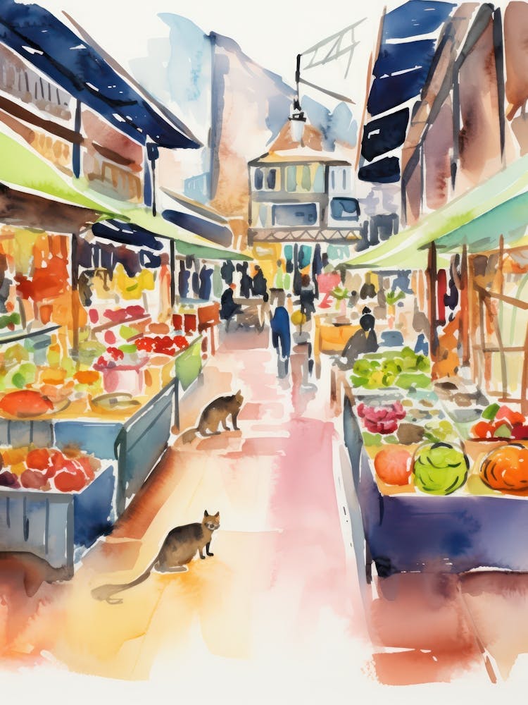 Food Market With Cats In Berlin 3 Watercolour