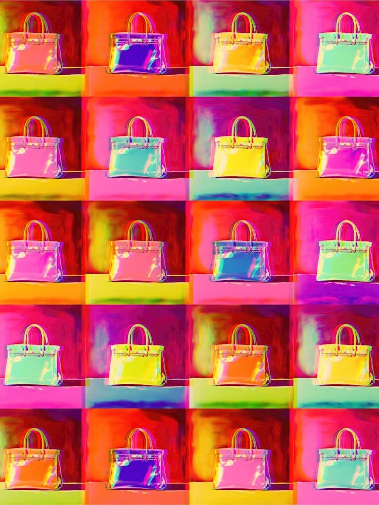 designer handbags collage in vibrant neon pop art aesthetic for dopamine decor, Warhol-inspired contemporary art ideal for modern living rooms or eclectic interiors, fashion inspired retro bedroom