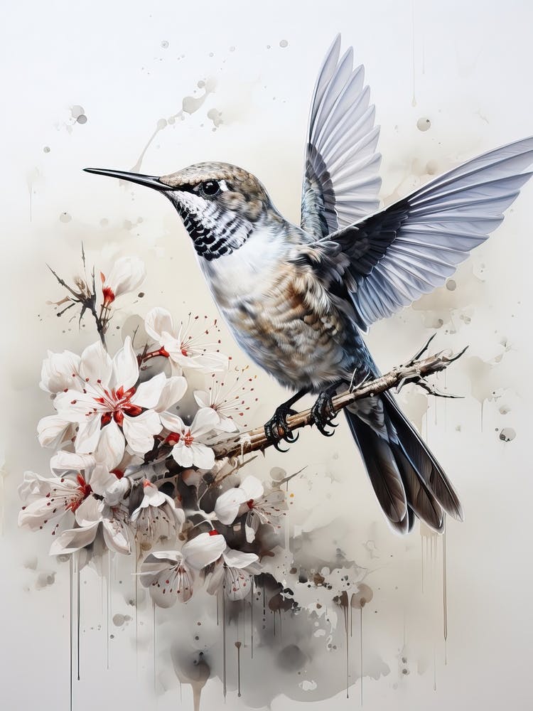 Hummingbird, Japanese Brush Painting, Ukiyo E, Minimal 2