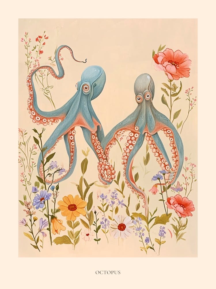 Folkloristische Blumen Tierzeichnung Oktopus 4 Poster
